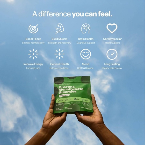 A 1:1 ratio product-centric ad featuring a hand-held pouch against a blue sky, overlaid with iconography representing the primary health benefits of the supplement.